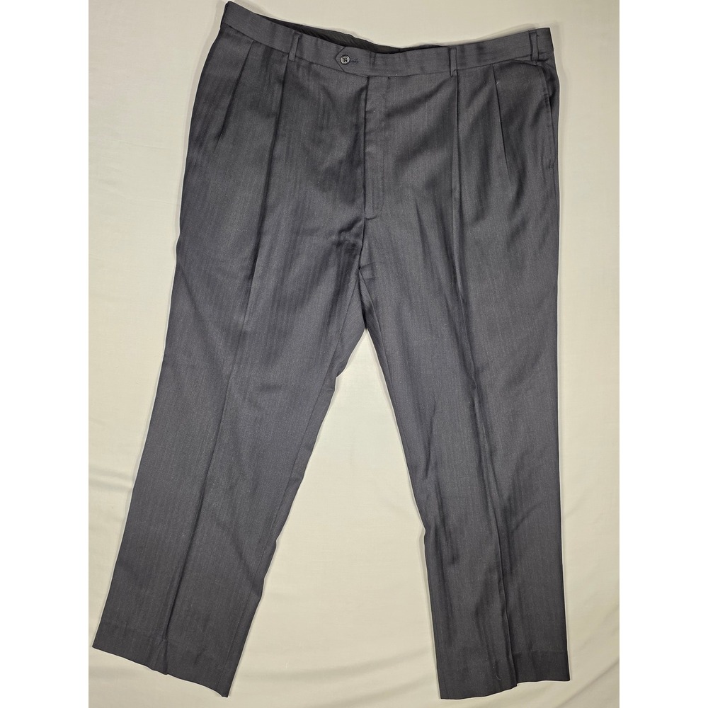 Jos A. Bank Mens 43R Pleated Wool Dress Pants Charcoal Grey Herringbone Trousers
